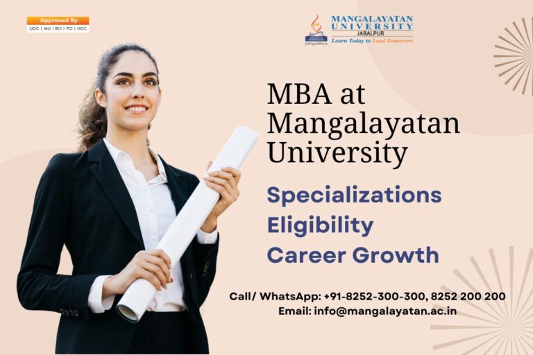 Mangalayatan University campus with students discussing MBA program details in a vibrant outdoor setting.